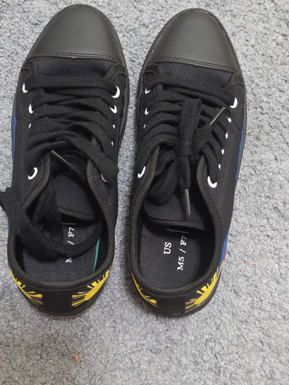Black Kids Sneakers with Yellow Sunburst Heel Accent